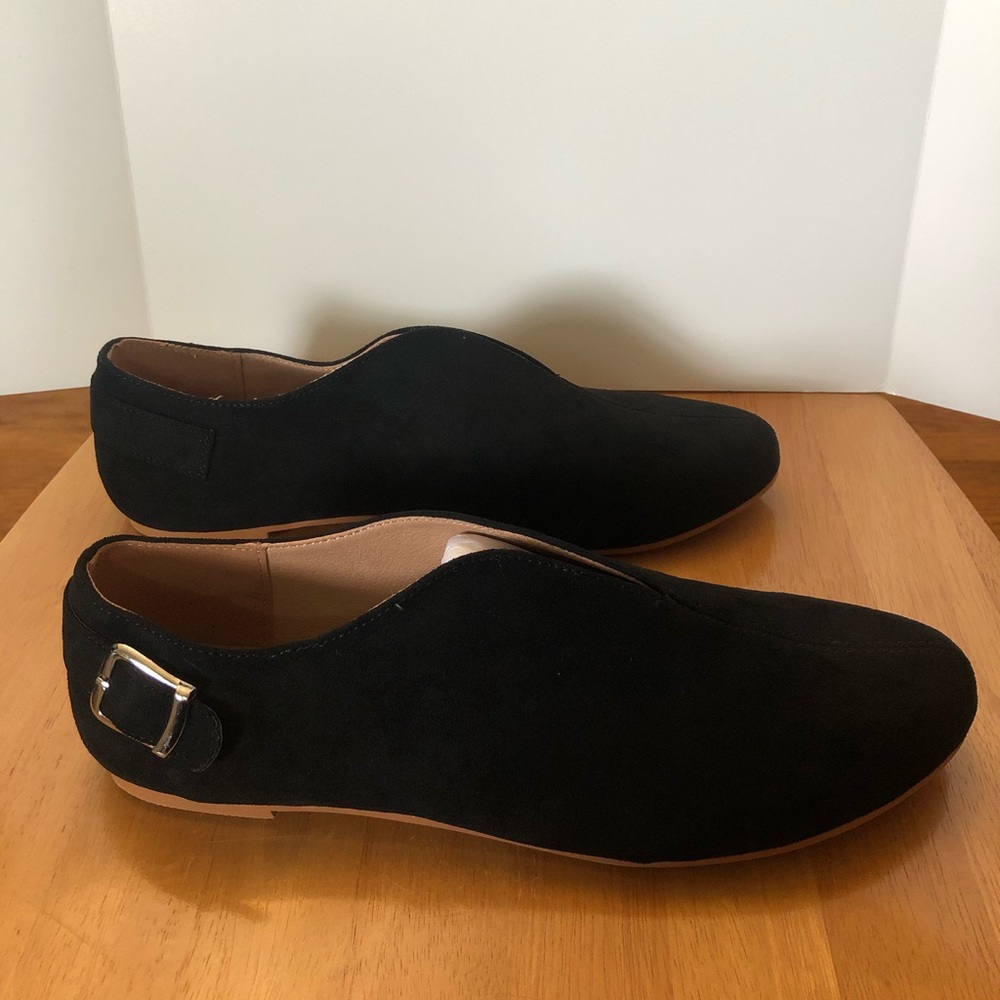 Black suede slip-on flats silver buckle W size 10